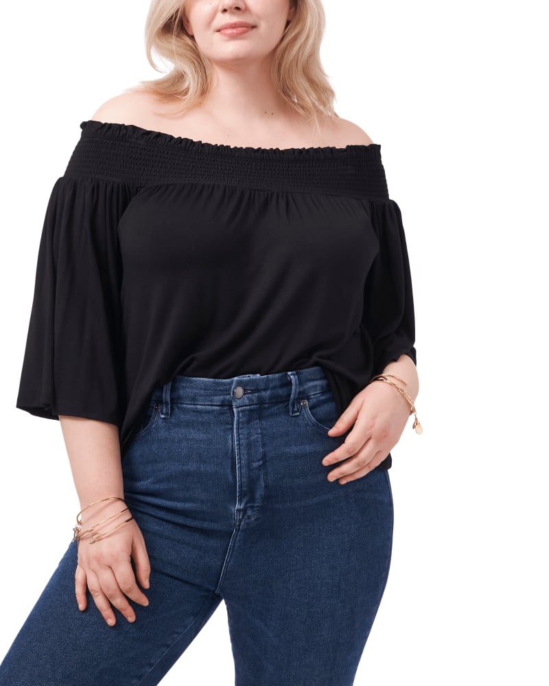 Front of a model wearing a size 0X Macey Off The Shoulder Top in Rich Black by 1.State. | dia_product_style_image_id:262325